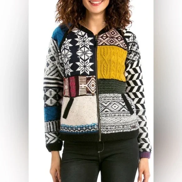 DESIGUAL Multicolor Geometric Zip-Up Sweater Cardigan Jacket M - Picture 1 of 8